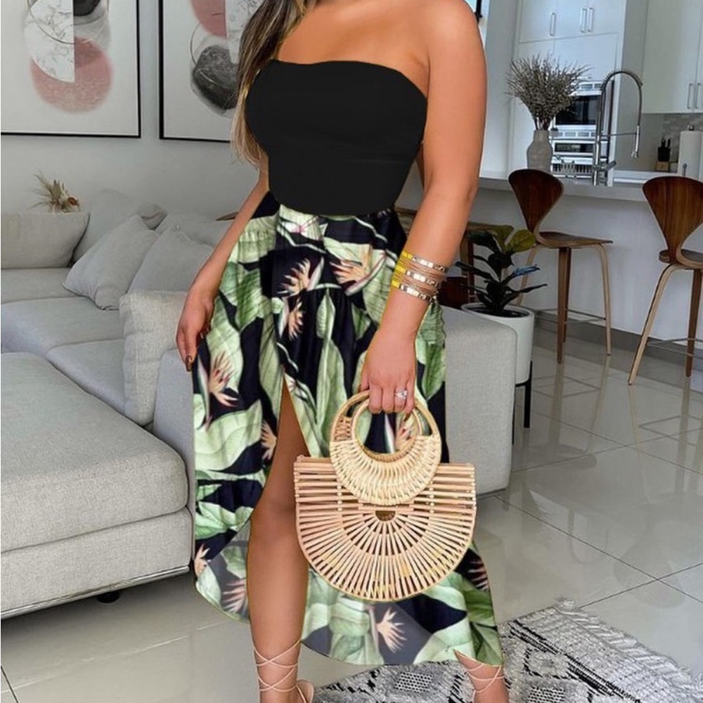 2pcs tube top with high split skirt